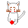 Pixelated white cat with brown accents holds red ball, shifting poses across on gray background