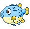 Four pixelated blue and yellow fish with brown eyes and yellow fins in a , each showing distinct pose and expression variations