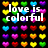 Pixelated heart-shaped icons in multiple colors arranged on a black background with overlaid text reading 'love is colorful'.