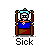 Pixel art character in blue shirt and brown pants seated, emitting smoke from head with 'Sick' text below; animation shows changing facial expressions and green particle effects.
