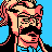 Pixelated cartoon character with pink hair, black glasses, and a blue shirt against a solid light blue background.