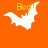 Three white bat-shaped figures with yellow 'Boo!' text on an orange background, each in a distinct pose.