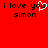 Red background with black pixelated text reading "i love you simon" twice, with a white heart symbol replacing the 'o' in 'you' on the left side.
