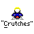 Pixelated character with yellow hair and blue jacket stands against gray background, text bubbles change sequentially above head while body remains static.