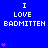 Blue background with repeated white text "I LOVE BADMITTEN" and pink heart symbols in pixelated style.