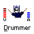 Pixel art of a drummer character with blue crown, dark blue shirt, and white face holding drumsticks, positioned between red and blue vertical bars labeled 'U' and 'A', with 'Drummer' text below.