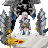 Pixel art of a silver-haired armored figure with blue accents standing before large mechanical wings and a golden sword on white ground.