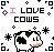 Animated contact sheet of a pixel-art cow icon with changing text colors across nine frames, featuring repeated "I LOVE COWS" text and decorative stars on a white background.