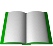 Animated sequence of an open book with green spine, pages flipping through various states from fully open to folded and closed.