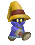 Pixelated character with yellow hat, purple robe, and glowing eyes in four walking poses against gray background.