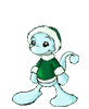 A light blue cartoon character in a green sweater and white-trimmed hat appears in multiple poses with varying arm positions, expressions, and tail visibility against a gray background.