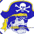 Blue pirate hat with yellow trim and a white skull and crossbones symbol on the front, featuring a yellow ribbon hanging from the left side.