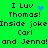 Green background with black pixelated text reading "I Luv Thomas! Inside joke Carl and Jenna!" in two identical , each containing a blue heart or star animation