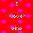 Red background with scattered purple hearts and repeated white text elements including 'I', '*love*', and 'ellie' in pixelated font.