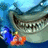 Pixelated image of a shark's open mouth with sharp teeth, a small blue and orange figure near its teeth, and orange text reading 'sharkbait' and 'oo ah ah' on white backgrounds.