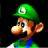 Pixelated character with green cap, brown mustache, and blue overalls against dark background.