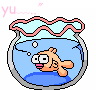 Pixelated fish in a glass bowl with pink wavy rim, blue water, and gray base, showing sequential movement across frames.