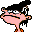 Pixelated cartoon character with pink face, black hair, and orange accents on a gray background.