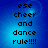 Blue background with pixelated text reading 'ese cheer and dance rule!!!!' in four identical arranged in a