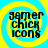 Four identical circular icons with yellow and cyan spiral backgrounds, each containing black text reading 'gamer chick icons' in a pixelated font.