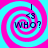Four identical display a pink and cyan spiral background with 'WHO?' text, '<S', and vertical lines