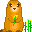 Pixelated brown groundhog-like creature with large eyes and pink nose, holding green stems with yellow flowers, positioned next to green stalks with yellow flowers on gray background.
