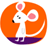 Pixelated circular icon with orange crescent shapes framing a white mouse-like figure against purple base.