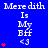 Blue background with repeated white text "Meredith Is My Bff <3" and red heart symbols, showing animation of increasing hearts.
