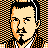 Pixelated static icon of a person with short dark hair, mustache, and goatee against an orange-and-black checkered background.