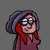 Pixel art character with purple hair and red side strands, wearing dark glasses and a maroon top, shown in four sequential poses against a gray background.