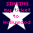 Four identical pixelated star-shaped icons with pink text "SINGING my ticket to Hollywood" on a dark blue background, arranged in a