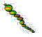 Green and yellow segmented object with white sparkles on gray background, two views showing slight rotation.