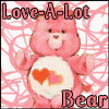 Pink Care Bear with heart symbols on chest, red 'Love-A-Lot' text above and 'Bear' below against pink scribbled background.