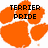 Pixelated orange paw print with black text "TERRIER PRIDE" overlaid on white background.