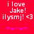 Red background with white pixelated text reading "i love Jake! ilysmj! <3" and pink asterisks below, displayed in two identical side-by-side