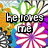 Pixelated image with bold black text reading 'he loves me' over a colorful floral background with orange, green, purple, and blue hues.