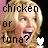 Pixelated image of a person with light hair and pinkish skin tone overlaid with bold black text reading 'chicken or tuna?' in three lines.