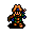 Pixel art character with orange hair and blue eyes, wearing green armor with brown accents, standing against gray background.