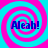 Four identical spiral patterns with alternating cyan and magenta rings surround the text 'Aleah!' in blue pixelated font on a solid cyan background.