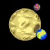 Animated sequence of golden textured spheres with blue-yellow and purple pixelated orbs orbiting or attached, set against black background.