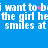 Blue background with white pixelated text repeating 'i want to be the girl he smiles at' and pink sparkles on some letters.