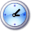 Pixelated circular clock face with light blue gradient background, four blue square hour markers, and black hour/minute hands showing approximately 1:05.