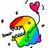 Rainbow-colored cartoon character with wide eyes and open mouth holding pink heart-shaped balloon, surrounded by black dots on white background.