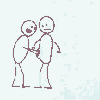 A sequence of stick-figure animations showing two figures interacting with each other, including shaking hands, embracing, and one figure falling backward.
