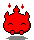 Red pixelated devil icon with closed eyes, small red feet, and two red sparkles above head on gray background.