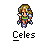 Pixel art character with blonde hair and blue eyes in green top, purple pants, and shoulder armor; four variations show different arm positions beneath text.