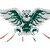 Pixelated green and white owl with outstretched wings, four colored legs, and a white background.