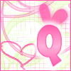 Pink 'Q' letter with heart and bunny ears on grid-patterned background with pink and green lines.