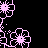 Pixelated pink flowers and green text on black background with gray rectangle overlay.