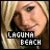 Two side-by-side animated frames of a pixelated close-up showing a person with blonde hair and the text "LAGUNA BEACH" in blocky letters, with slight facial expression differences between frames.